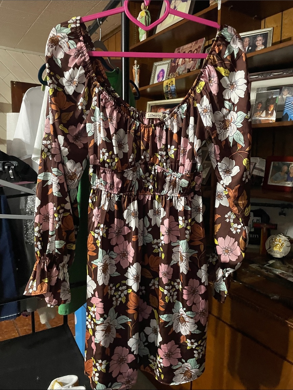 Liberty Love Brown Floral Long Sleeve Dress with White & Pink Flowers